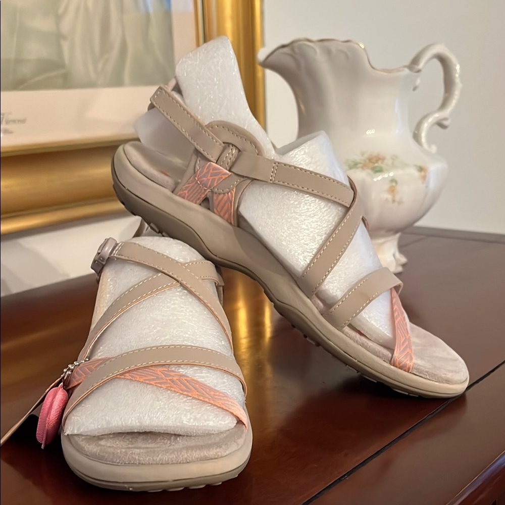 Skechers Tan and Pink Comfort Sandals with Adjustable Straps